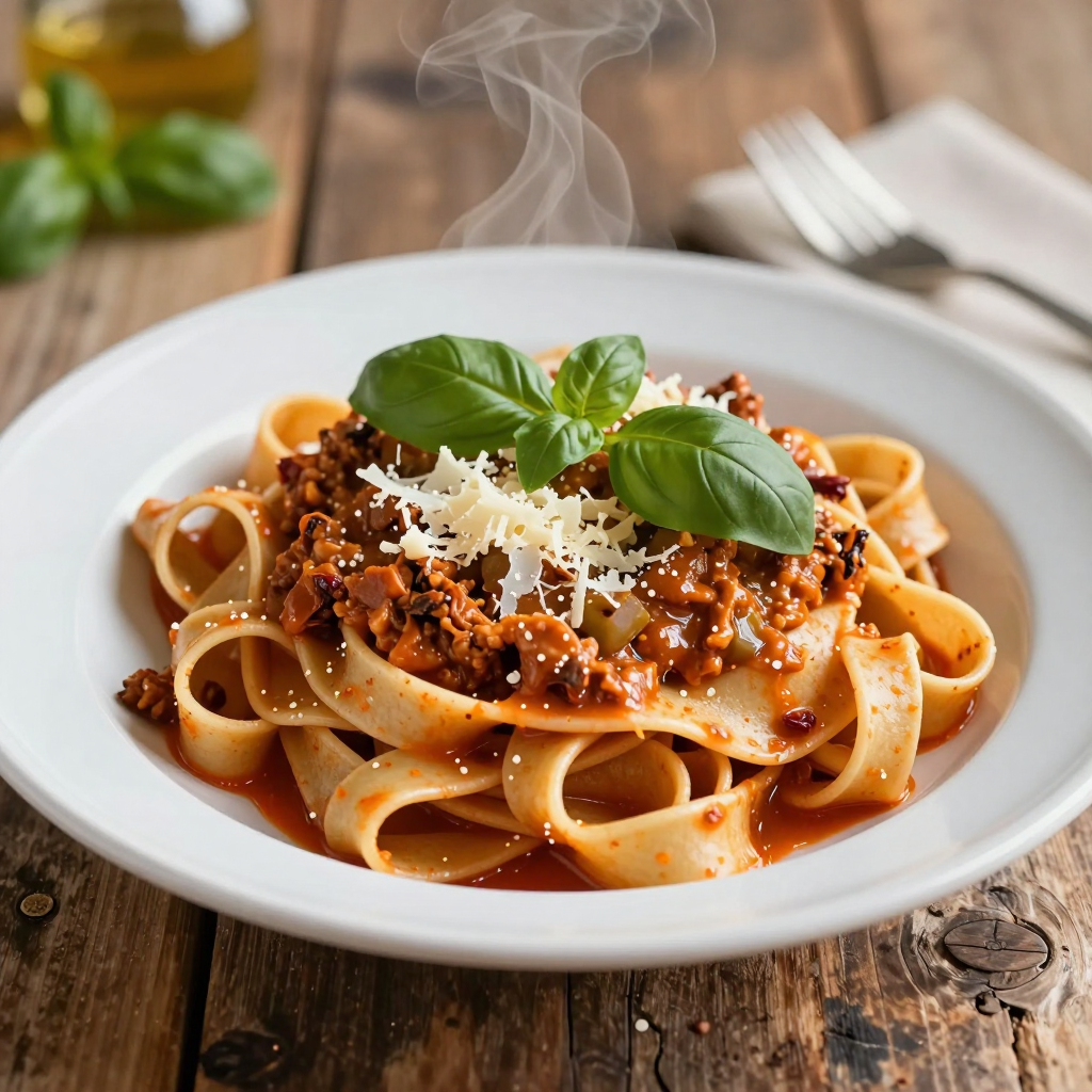 Piatto di pasta fresca con condimento tradizionale