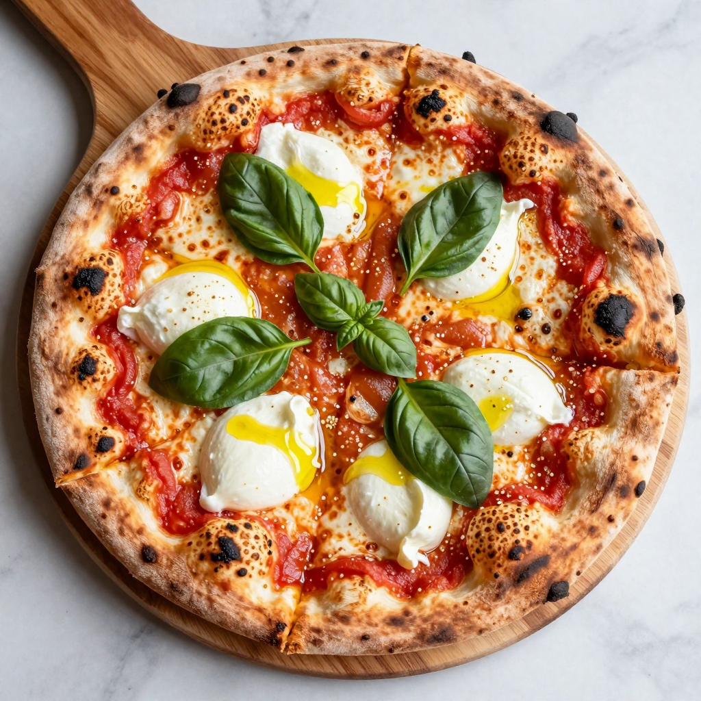 Pizza margherita appena sfornata dal forno a legna